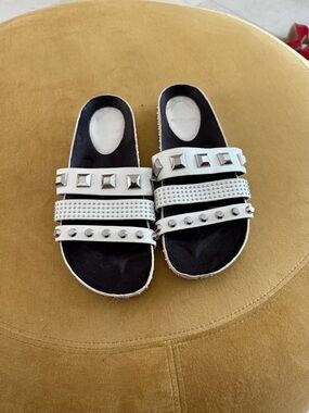 MZ Wallace White Studded Slide Sandals with Black Footbed